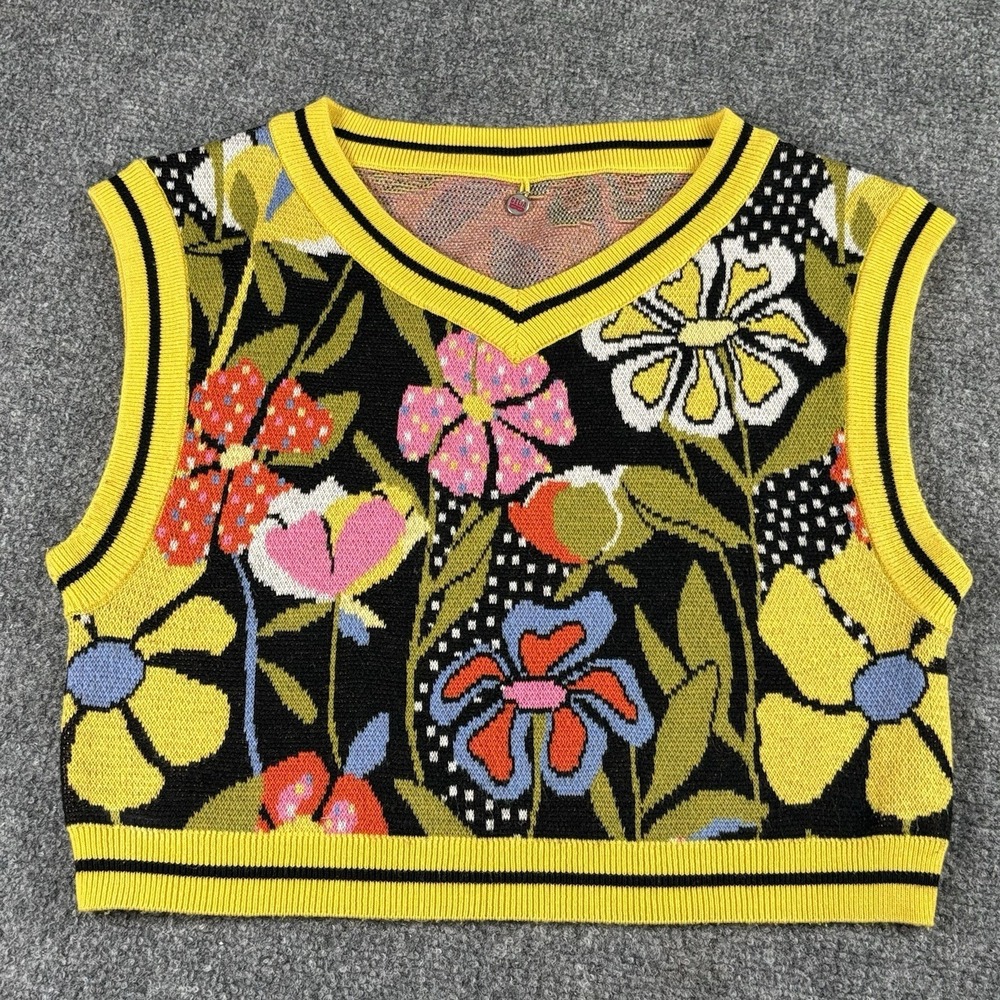 Celia B Sweater Vest Top Womens S Yellow Floral Cropped Merino Blend Maximalist
